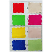 Un tableau présente huit échantillons numérotés de satin polyester du "Tissu en satin multicolore au mètre" de Longan Craft France, en deux colonnes et quatre rangées. Les couleurs - rouge, beige, vert, rose, jaune, rose pâle, bleu, vert clair - sont idéales pour les vêtements.