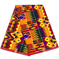 Découvrez le Tissu en wax 100% coton au mètre de Longan Craft France, un textile africain Ankara au motif traditionnel Kente coloré, idéal pour costumes de scène avec ses formes géométriques rouges, jaunes, vertes, violettes et noires.