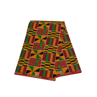 Le tissu wax 100% coton au mètre de Longan Craft France présente un motif traditionnel Kente Ankara avec des formes géométriques en vert, jaune, rouge et noir - idéal pour les costumes de scène.