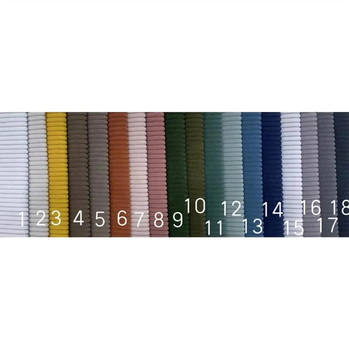 Dix-huit cordons enroulés de couleurs différentes, numérotés de 1 à 18, sont alignés côte à côte, rappelant le Tissu côtelé polyester 4,5 côtes de Longan Craft France, un velours côtelé à larges côtes idéal pour les pantalons.