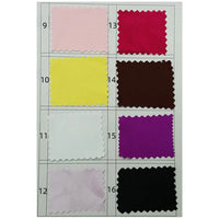 Un tableau présente huit échantillons rectangulaires de tissu en satin polyester Longan Craft France (rose clair, jaune, blanc, violet clair, rouge vif, marron foncé, magenta, noir), idéal pour l'habillement. Chaque échantillon de Tissu en satin multicolore au mètre est numéroté de 9 à 16.