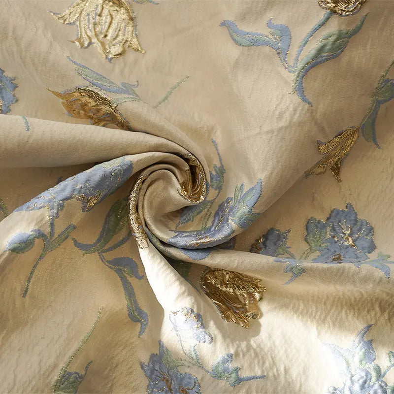 Tissu jacquard brocart fleur bleue au mètre