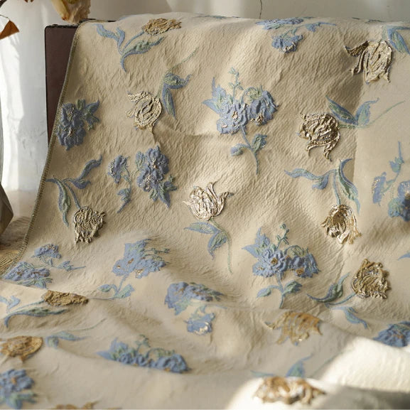 Tissu jacquard brocart fleur bleue au mètre