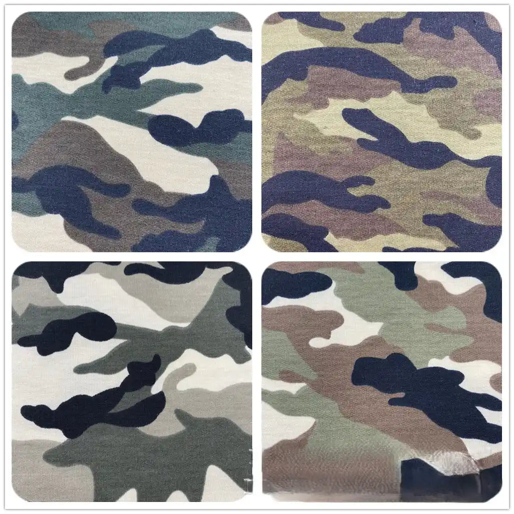 Quatre panneaux présentent différents motifs de camouflage sur du Tissu French Terry extensible imprimé par Longan Craft France, chacun avec des formes uniques vertes, brunes, beiges et noires - un tissu respirant idéal pour les vêtements de sport.