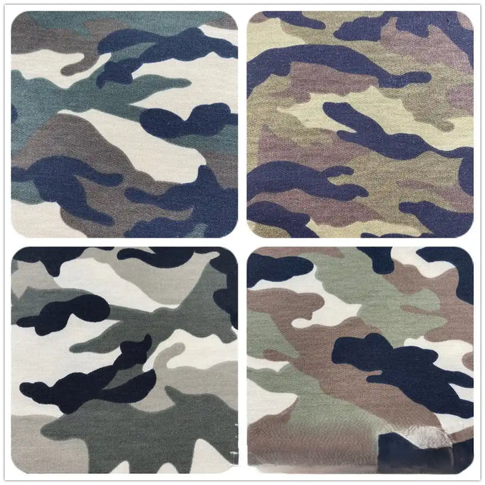 Quatre panneaux présentent différents motifs de camouflage sur du Tissu French Terry extensible imprimé par Longan Craft France, chacun avec des formes uniques vertes, brunes, beiges et noires - un tissu respirant idéal pour les vêtements de sport.