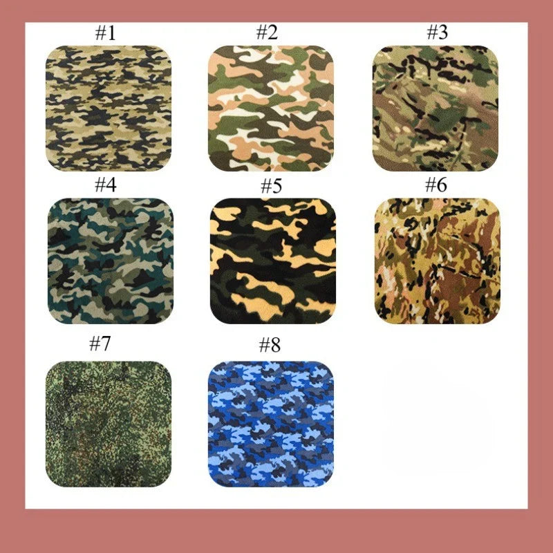 Le Tissu polaire camouflage au mètre de Longan Craft France présente neuf motifs numérotés uniques dans une grille de 3x3, mettant en valeur des teintes comme le tan, le marron, le vert, le noir, le bleu et leurs mélanges sur un tissu doux brossé double face.