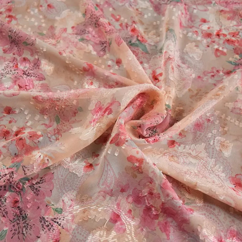 Tissu mousseline d’inspiration chinoise rose au mètre