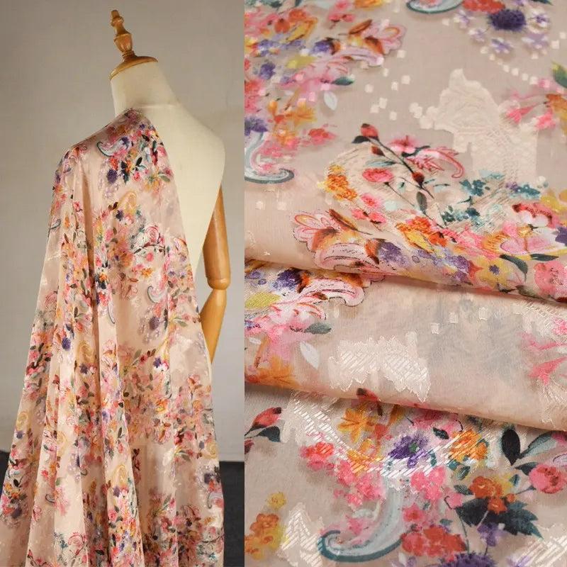 Tissu mousseline d’inspiration chinoise rose au mètre