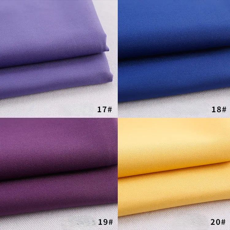 Quatre échantillons de gabardine Longan Craft France pliés sont empilés dans une grille : violet clair (17#) en haut à gauche, bleu (18#) en haut à droite, violet foncé (19#) en bas à gauche, et jaune (20#) en bas à droite. Polyester-rayon épais pour uniformes/DIY.