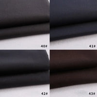 Quatre échantillons de gabardine pliée en polyester-rayon de Longan Craft France sont présentés dans des teintes sombres - noir, marron foncé et marine - étiquetés 40#, 41#, 42# et 43#. Un textile épais parfait pour les uniformes et les projets de bricolage.