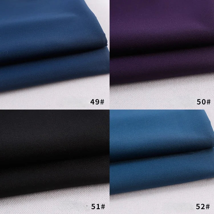 Quatre tissus gabardine pliés de Longan Craft France (Tissu gabardine polyester épaisse), en bleu marine (49#), violet foncé (50#), noir (51#) et bleu sarcelle (52#), sont présentés avec des étiquettes en bas à droite de chaque quadrant.