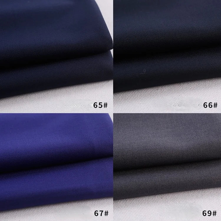 Quatre piles de tissu Longan Craft France gabardine polyester-rayon dans les tons bleu et gris (65#, 66#, 67#, 69#), disposées en grille, parfaites pour les uniformes et les projets de bricolage.