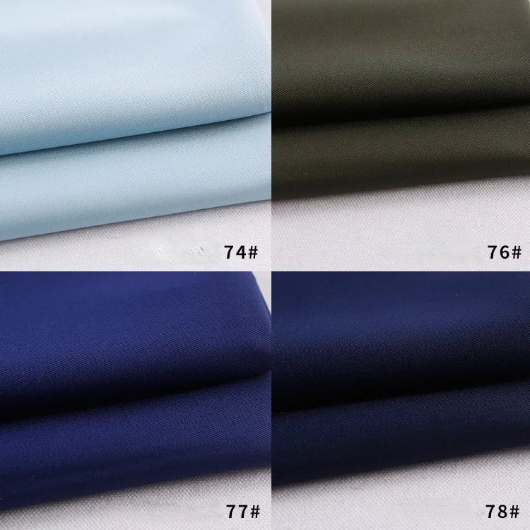 Quatre échantillons de tissu en rayonne polyester plié de Longan Craft France sont présentés : en haut à gauche le bleu clair (74#), en haut à droite le vert olive foncé (76#), en bas à gauche le bleu royal (77#), et en bas à droite le bleu marine (78#).