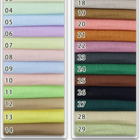 Deux colonnes d'échantillons de tissus (04-14, 18-29) présentent des tons pastel, neutres et terreux du tissu en viscose challis multicolore de Longan Craft France - un tissu léger et respirant pour chemises de protection solaire.