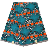 Le tissu wax africain Ankara coloré de Longan Craft France présente des fonds bleus et noirs avec des ovales orange et des lignes blanches en pointillés dans un motif géométrique symétrique et superposé - idéal pour les styles vestimentaires branchés.