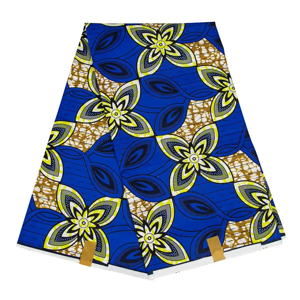 Une pièce vibrante de Longan Craft France Tissu wax africain Ankara coloré, présentant des motifs floraux audacieux jaunes, bleus et noirs avec des formes abstraites sur un fond bleu et beige - idéal pour des projets de vêtements élégants.