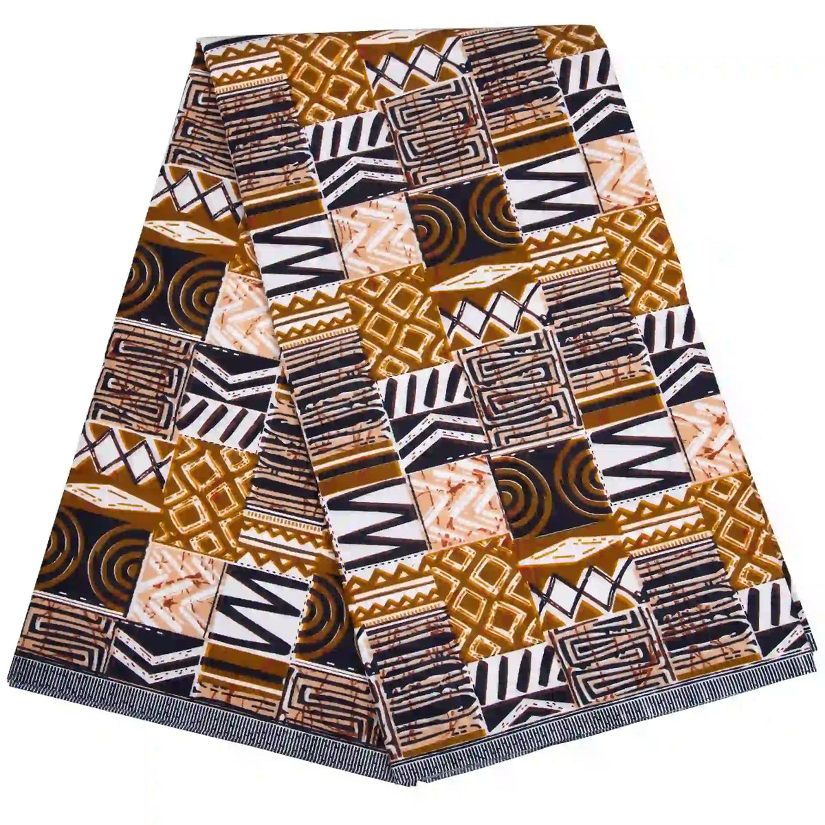 Un morceau plié de Longan Craft France Tissu wax africain Ankara, présentant un patchwork géométrique en marron, noir, blanc et beige avec des zigzags, des rayures, des carrés et des spirales - un textile tendance parfait pour divers styles vestimentaires.