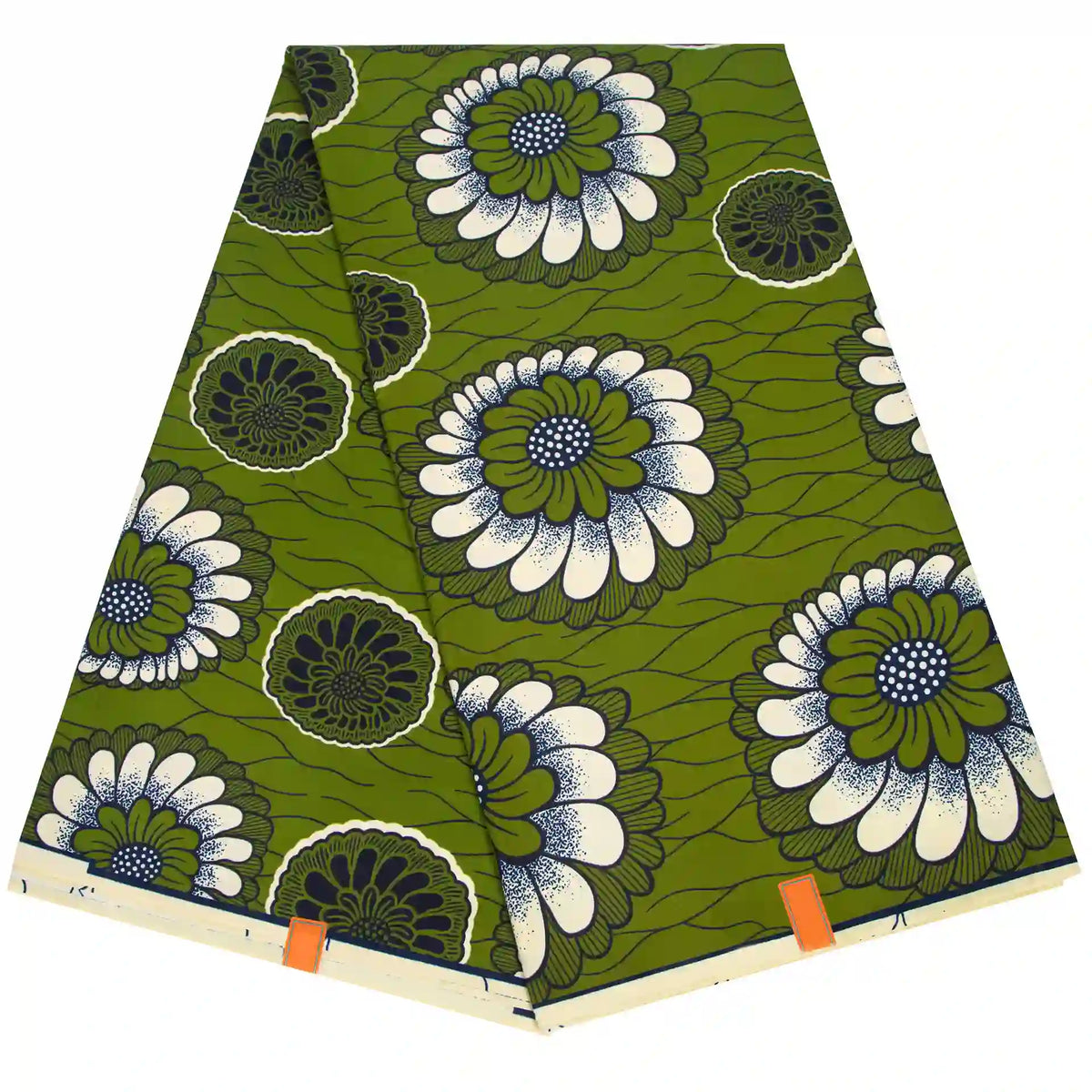 Un Ankara plié en tissu wax africain de Longan Craft France avec un imprimé floral audacieux en blanc, bleu et vert, et des accents orange sur le bord - le textile idéal pour les styles branchés.