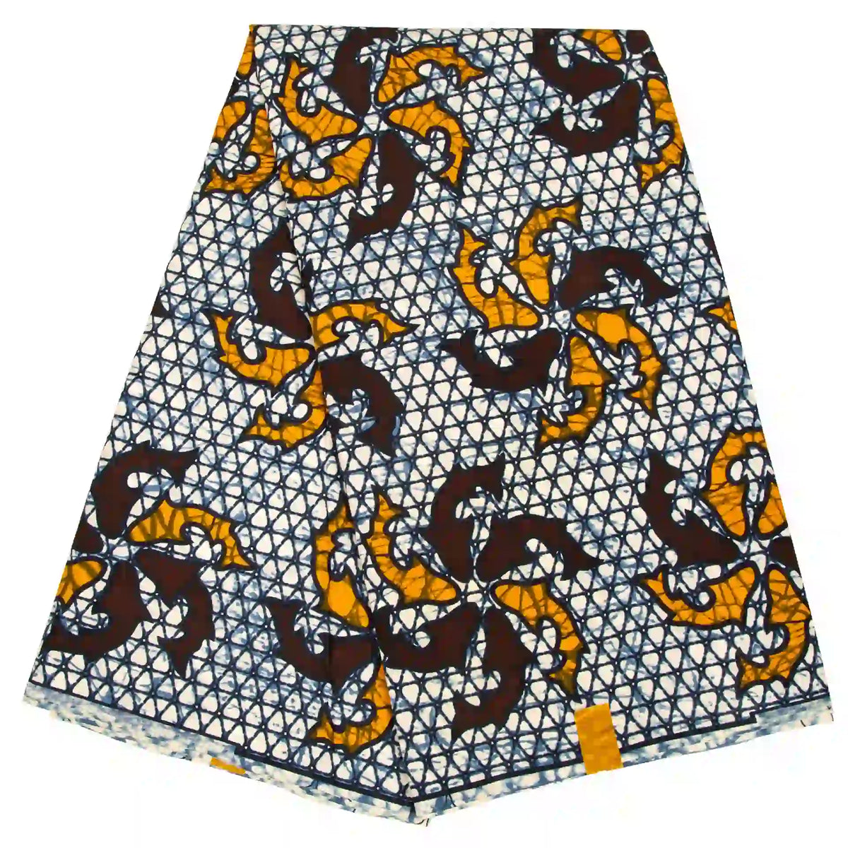 Longan Craft France Tissu wax africain Ankara, vendu au mètre : motif géométrique bleu et blanc avec formes abstraites jaunes et marron foncé, idéal pour vêtements tendance.