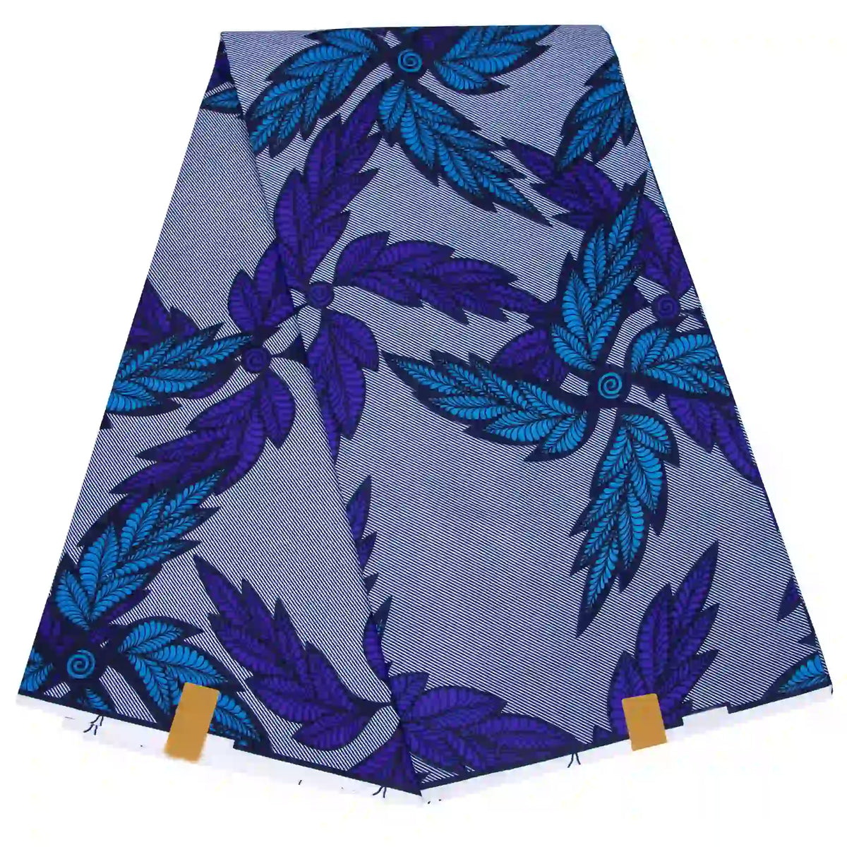 Ce tissu plié de Longan Craft France, qui présente un motif de feuilles bleues et violettes sur fond clair, ce Tissu wax africain Ankara coloré au mètre est parfait pour des styles vestimentaires vibrants et branchés.