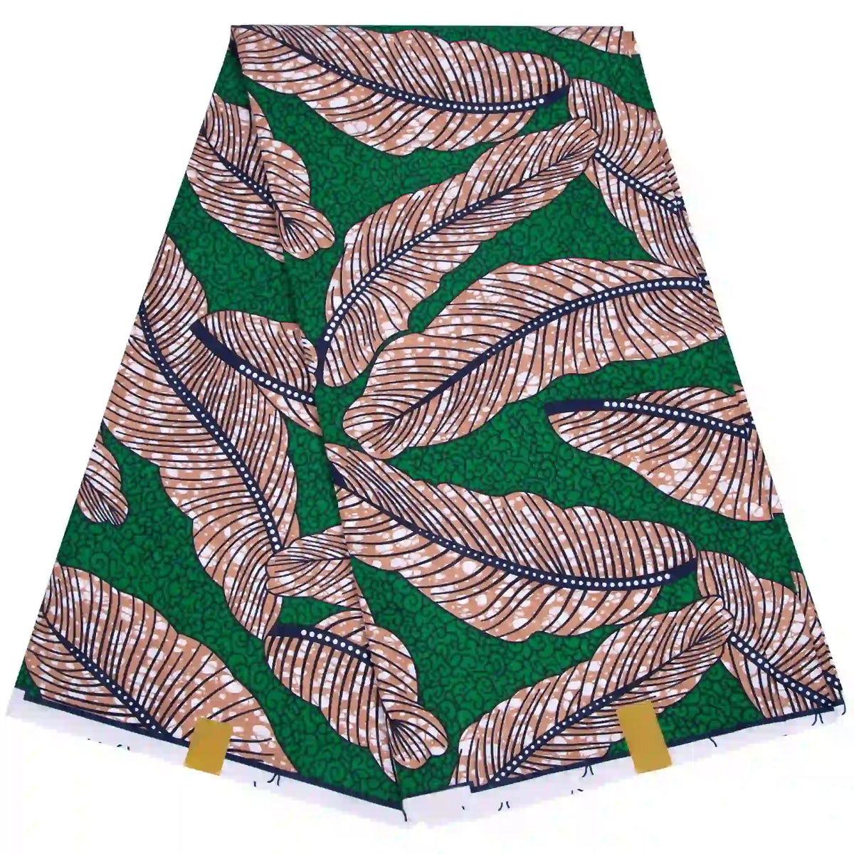 Un Tissu wax africain Ankara plié de Longan Craft France, avec un fond vert et de grandes feuilles beiges et noires soulignées de blanc, comporte deux étiquettes dorées en bas - parfait pour les styles vestimentaires à la mode.