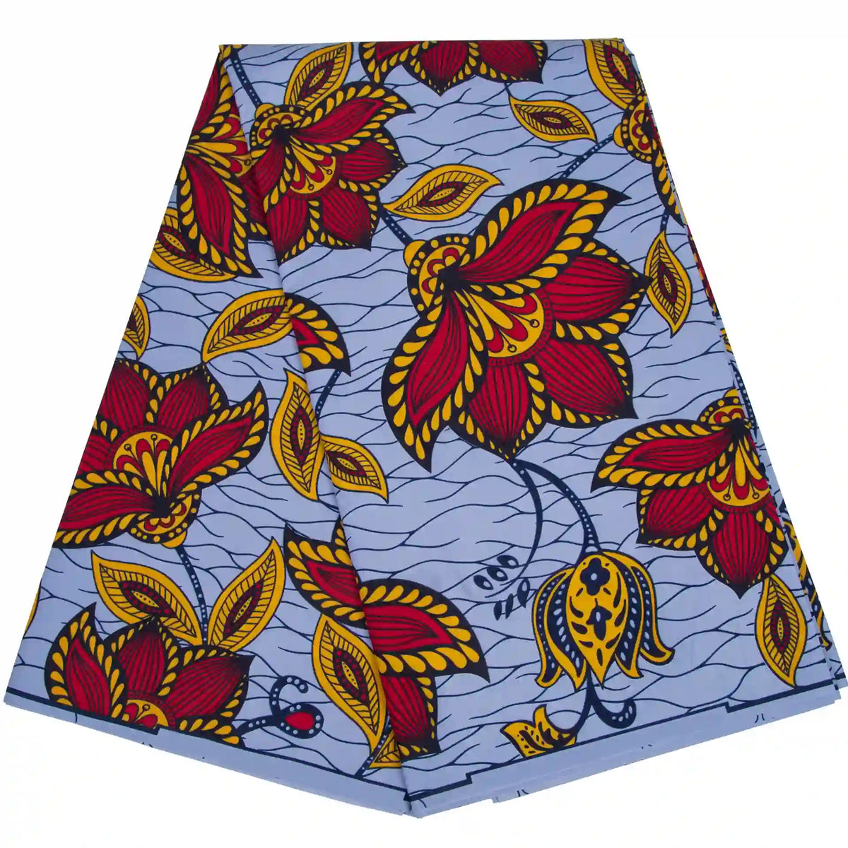 Un pliage en Tissu wax africain Ankara coloré par Longan Craft France, représentant de grandes fleurs rouges et jaunes avec des contours noirs sur un fond bleu clair avec de subtiles lignes ondulées.