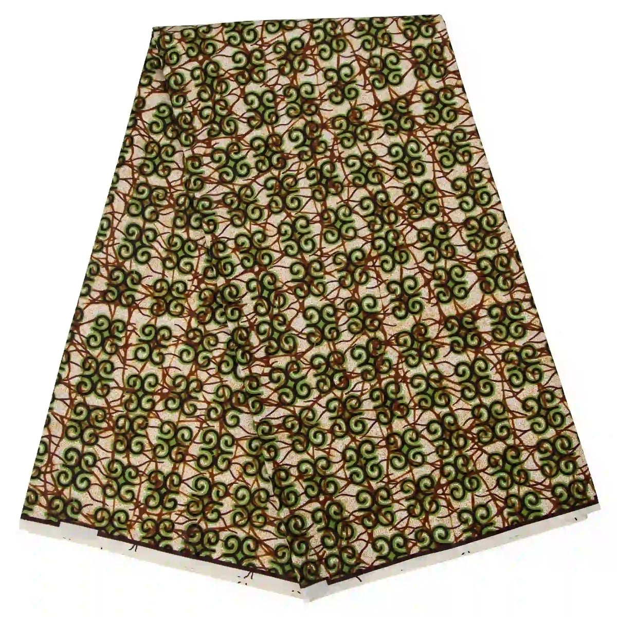 Un morceau de Tissu wax africain Ankara coloré au mètre de Longan Craft France présente des tourbillons verts et bruns vibrants sur fond blanc, avec des bords visibles sur un fond blanc - parfait pour les styles vestimentaires à la mode.