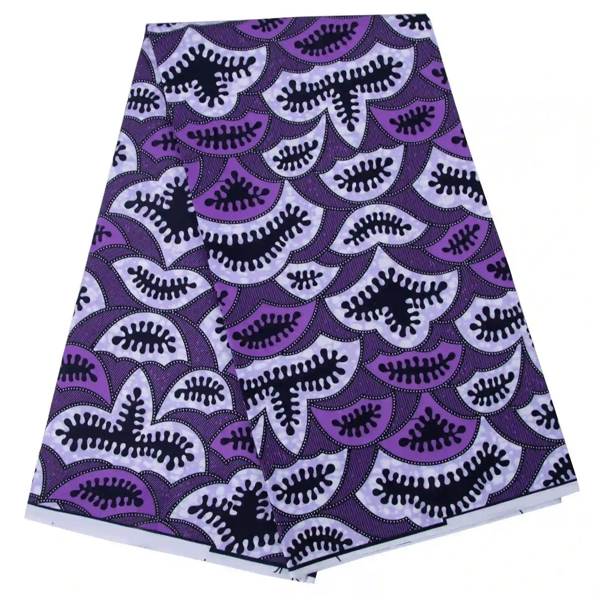 Le Tissu wax africain Ankara coloré au mètre de Longan Craft France présente un vibrant motif de feuilles ou de coquillages violet, blanc et noir avec des détails complexes de points et de lignes - idéal pour des vêtements à la mode dans divers styles.