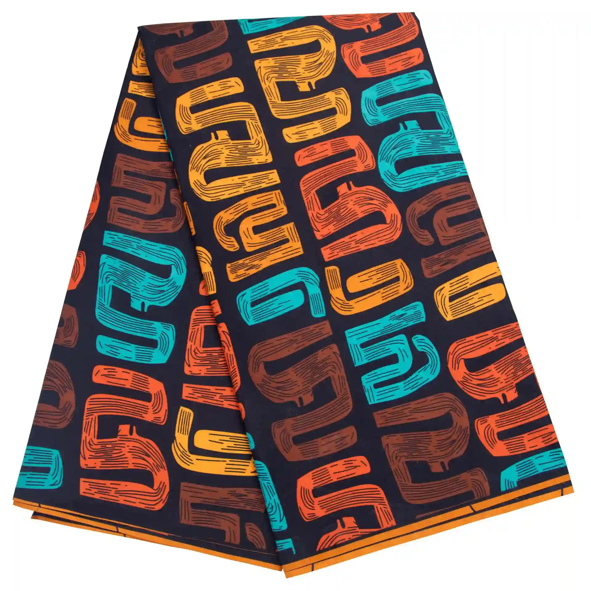 Le Tissu wax africain Ankara coloré au mètre de Longan Craft France présente un motif géométrique abstrait audacieux en orange, rouge, sarcelle et jaune sur bleu marine foncé - un textile parfait pour divers styles vestimentaires.