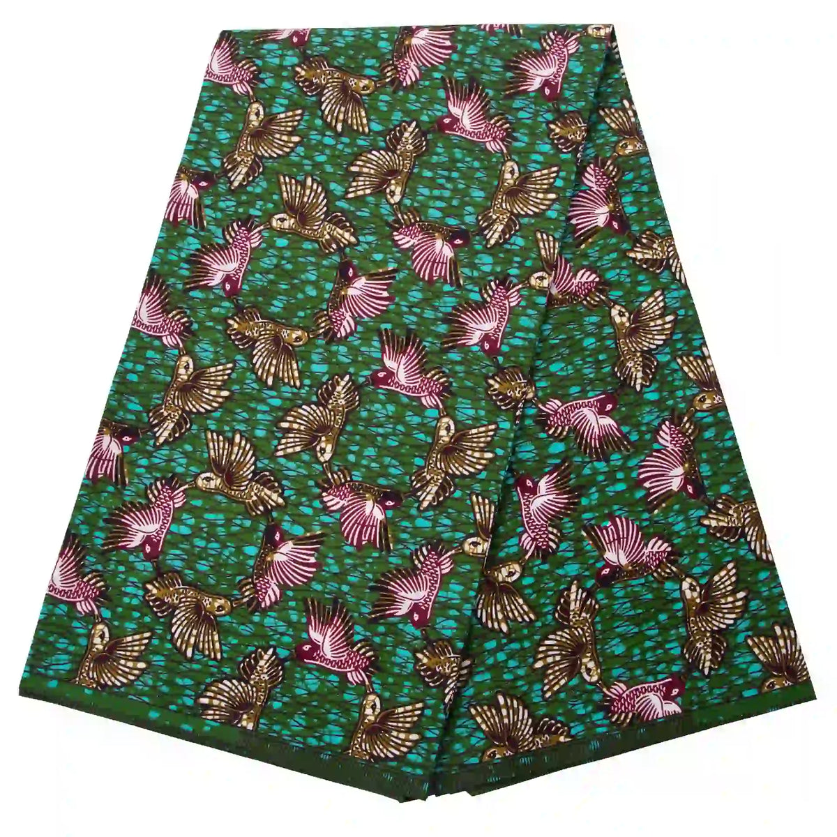 Un morceau plié de Longan Craft France Tissu wax africain Ankara coloré au mètre, avec des oiseaux bruns et roses sur un fond abstrait vert et turquoise - un textile parfait pour les styles vestimentaires branchés.
