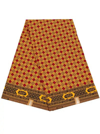 Le tissu wax africain plié de Longan Craft France présente un motif à carreaux jaunes et rouges avec des bordures détaillées noires et jaunes, des étiquettes marron indiquant "CAPUCUK", et est vendu au mètre pour les styles vestimentaires tendance d'Ankara.