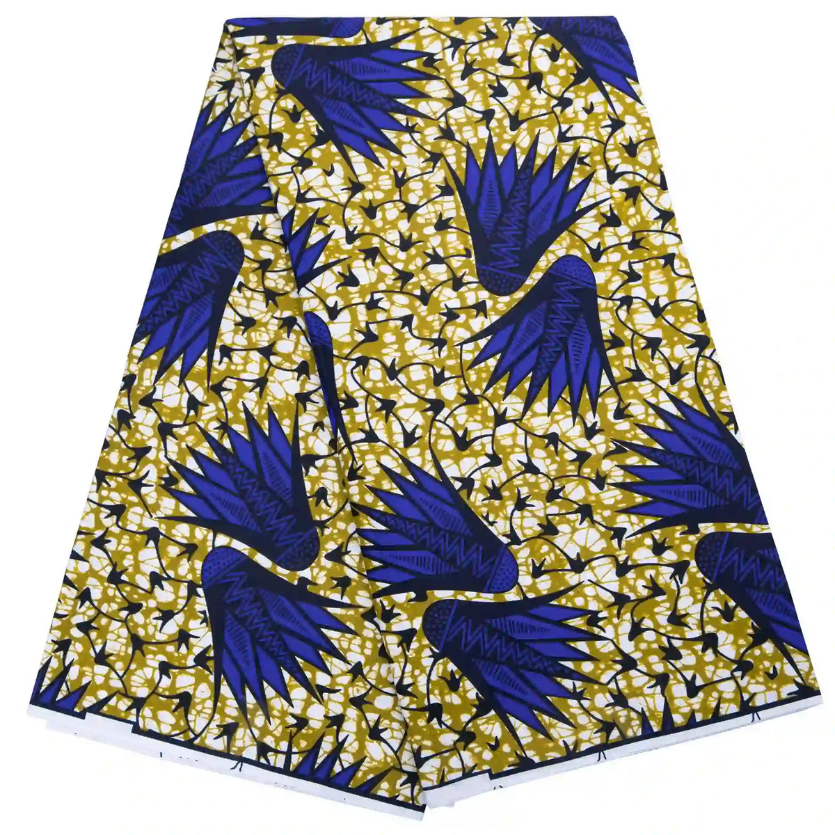 Fabriqué par Longan Craft France, ce tissu Ankara wax vibrant présente de grandes formes bleues et noires ressemblant à des oiseaux sur un fond de motifs abstraits jaunes et blancs - un choix élégant pour divers styles de vêtements.