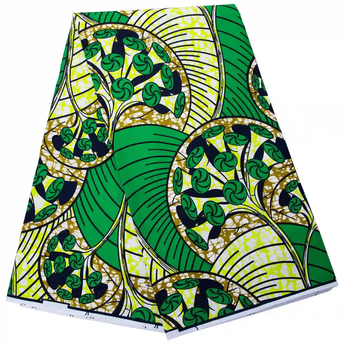 Un morceau plié de Longan Craft France Tissu wax africain Ankara coloré au mètre, présentant un motif géométrique audacieux vert, jaune, noir et blanc avec des motifs répétitifs circulaires et en forme de feuilles - idéal pour divers styles vestimentaires.