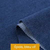 Gros plan sur un Tissu denim coton au mètre de Longan Craft France, d'un bleu épais et vibrant, avec une texture visible et des bords non finis ; le texte superposé en bas indique "Épais, bleu vif". Disponible en noir et bleu, différents grammages.