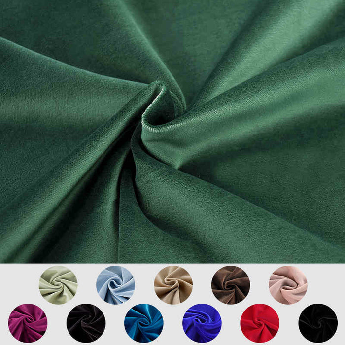 Gros plan sur le Velours de coton 100% pur au mètre de Longan Craft France, torsadé au centre, avec des échantillons circulaires de ce tissu velours uni doux dans 12 autres couleurs comme le beige, le bleu, le marron, le rose, le bordeaux, le noir et le rouge.