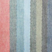 Gros plan sur le tissu chambray denim en coton au mètre de Longan Craft France, qui présente côte à côte des bandes de chambray uni pour chemises d'été dans les tons rose, bleu clair, kaki et gris foncé, avec des bords en zigzag.