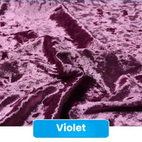 Gros plan sur le tissu en velours froissé violet de Longan Craft France, d'une largeur de 63 pouces, parfait pour la tapisserie d'ameublement, la couture et les projets de bricolage. La mention "Violet" apparaît en caractères blancs gras sur une étiquette bleue au bas de l'image.