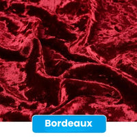Gros plan sur le Tissu en velours froissé au mètre (63" de large) de Longan Craft France, idéal pour la tapisserie d'ameublement, la couture et le bricolage. Une étiquette bleue au bas du tissu indique "Bordeaux" en caractères gras et blancs.