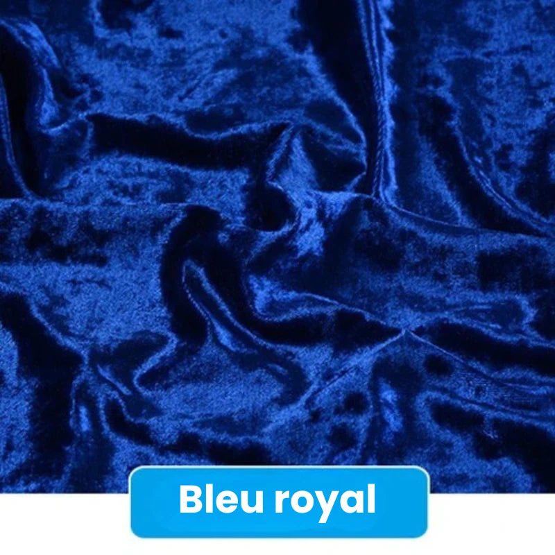 Gros plan sur le "Tissu en velours froissé au mètre" de Longan Craft France - un tissu velours bleu royal, doux et brillant (63" de large) pour l'ameublement, la couture et le bricolage. La mention "Bleu royal" apparaît en texte blanc à l'intérieur d'un rectangle bleu.