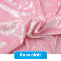 Gros plan sur des velours froissés rose pâle de Longan Craft France. "Tissu en velours froissé au mètre, 63'' de large pour ameublement et DIY" est représenté, avec "Rose clair" en blanc gras sur fond bleu en bas.