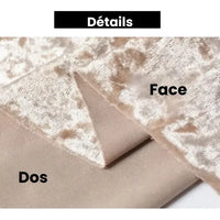Gros plan du tissu en velours froissé au mètre (63" de large) de Longan Craft France, montrant à la fois la face brillante et texturée et le dos lisse et mat. Les étiquettes françaises indiquent "Détails" en haut pour ce tissu d'ameublement souple.