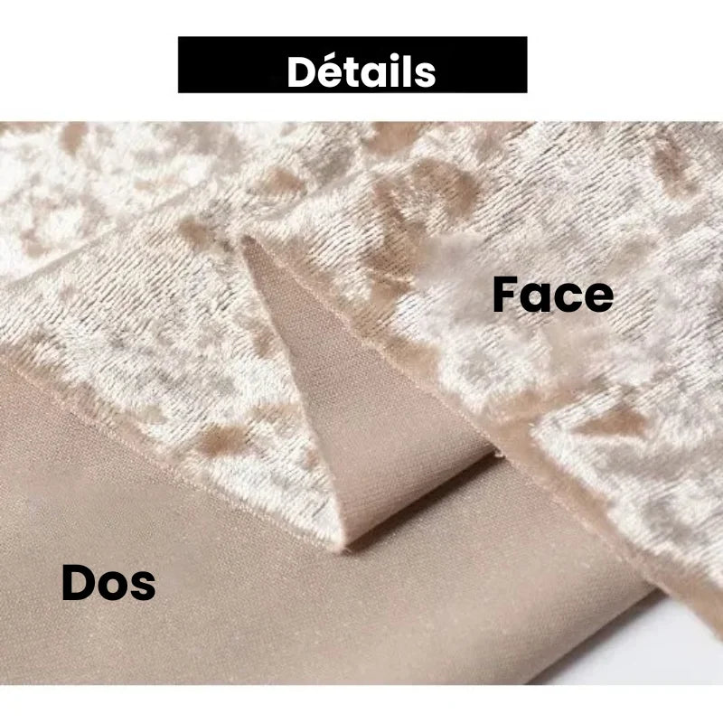 Gros plan du tissu en velours froissé au mètre (63" de large) de Longan Craft France, montrant à la fois la face brillante et texturée et le dos lisse et mat. Les étiquettes françaises indiquent "Détails" en haut pour ce tissu d'ameublement souple.