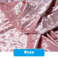 Gros plan sur un Tissu en velours froissé au mètre, rose pâle, doux et brillant, de Longan Craft France. Le mot "Rose" est en gras blanc sur une étiquette bleue en bas. Idéal pour l'ameublement, l'artisanat ou la couture (63" de large).
