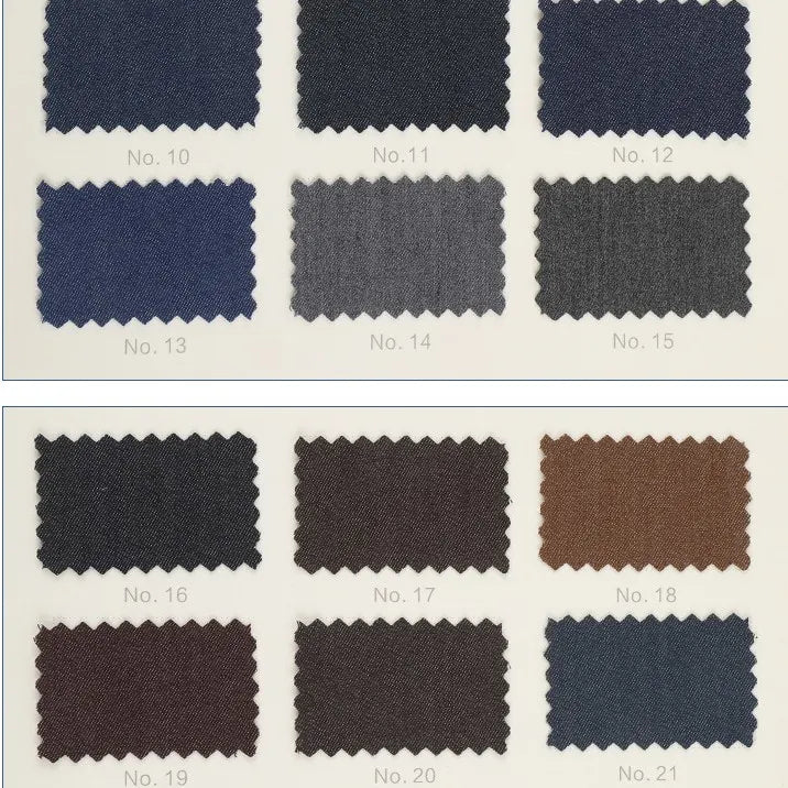 Douze échantillons numérotés (10-21) de Tissu sergé de viscose coloris denim de Longan Craft France, représentant des tissus de viscose extensible bleus, gris, bruns et noirs pour des vêtements chics, présentés sur un fond blanc.
