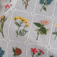 Gros plan sur le "Tissu coton brodé de motifs floraux" de Longan Craft France : tissu de coton blanc à motif quadrillé, avec des fleurs colorées brodées dans chaque carré. Matière douce, parfaite pour la confection de vêtements.