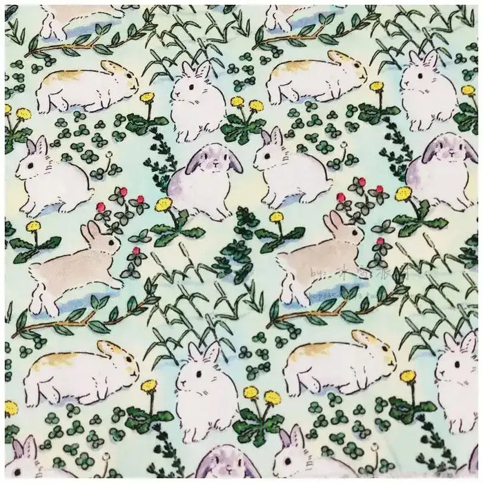 Tissu de Pâques motif défilé de lapins fleuris au mètre de Longan Craft France, 100 % coton-idéal pour vos projets DIY printaniers, décoration ou vêtements enfants.