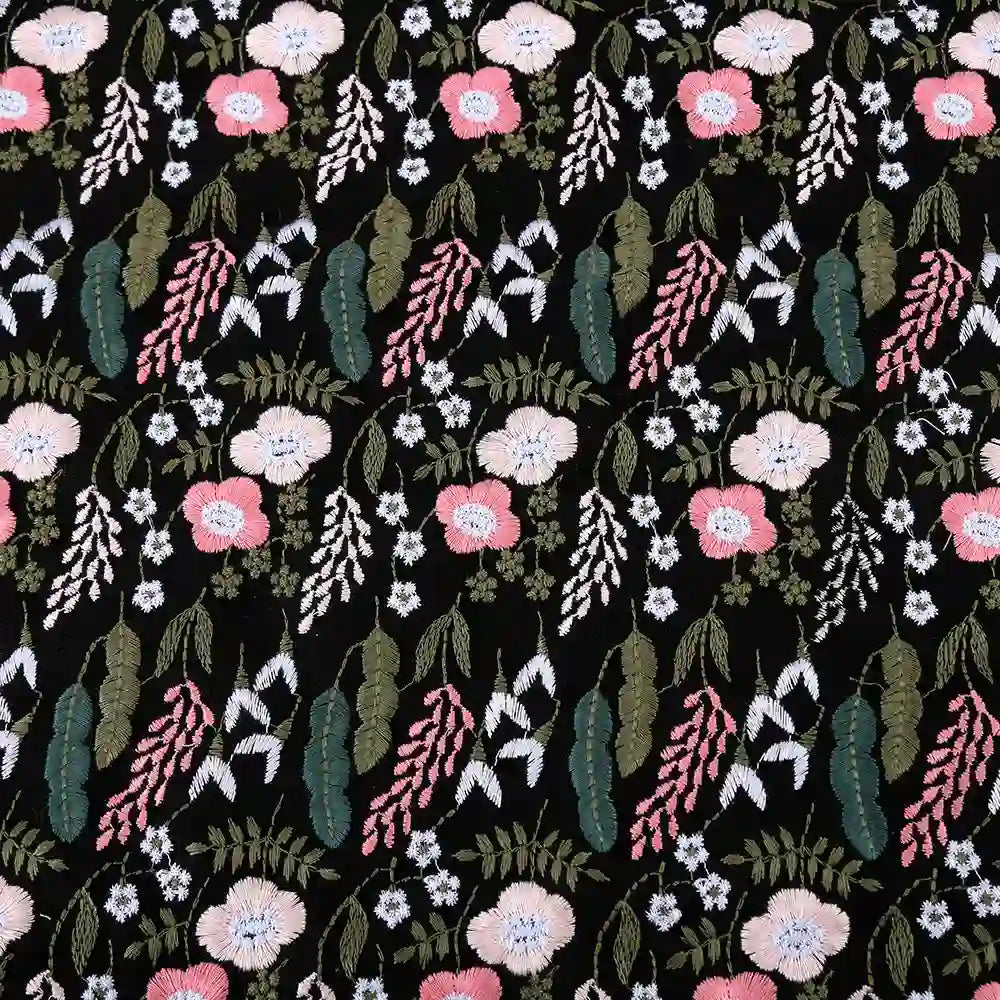 Tissu coton lin brodé à motif floral au mètre