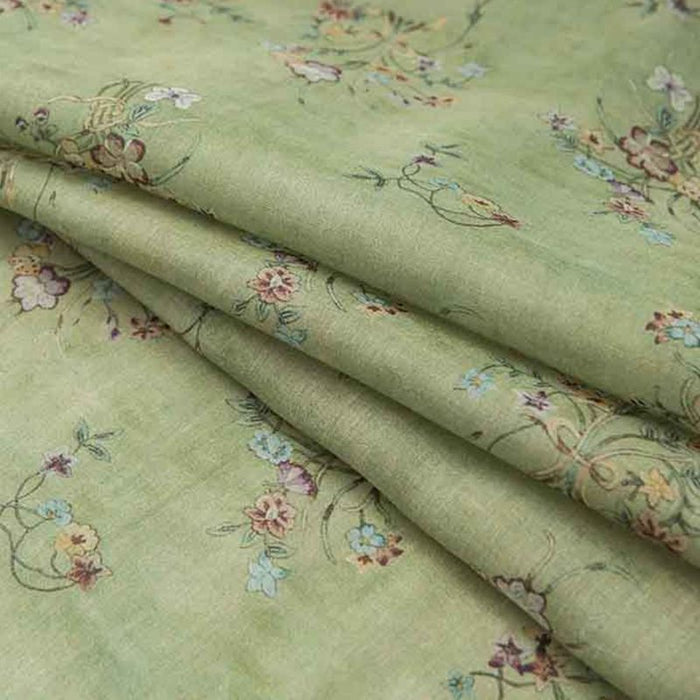 Tissu ramie fleuri vert style chinoiserie au mètre