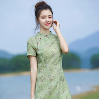 Tissu ramie fleuri vert style chinoiserie au mètre
