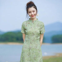 Tissu ramie fleuri vert style chinoiserie au mètre